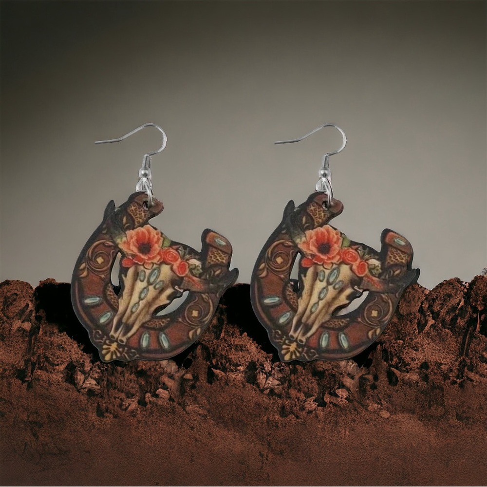 Western bullhead flower pattern‎ wooden drop earrings
